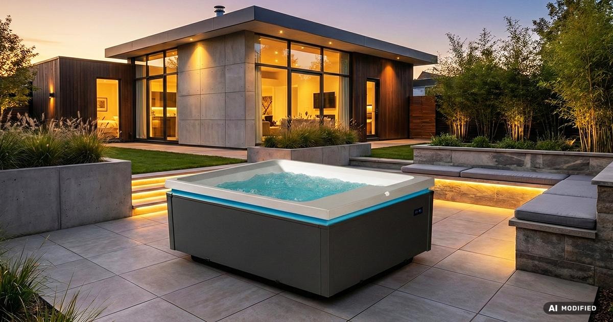 Moderner Whirlpool auf Terrasse vor beleuchtetem Haus