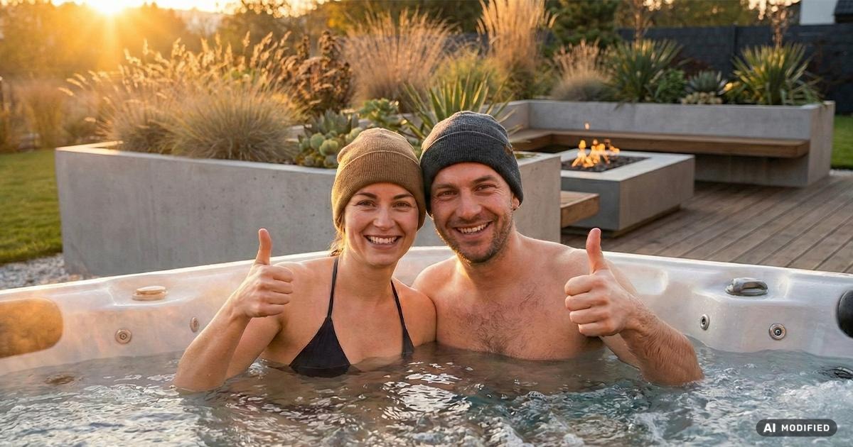 Zufriedenes Paar im Whirlpool im Garten zeigt Daumen hoch für Entspannung und Wellness zuhause
