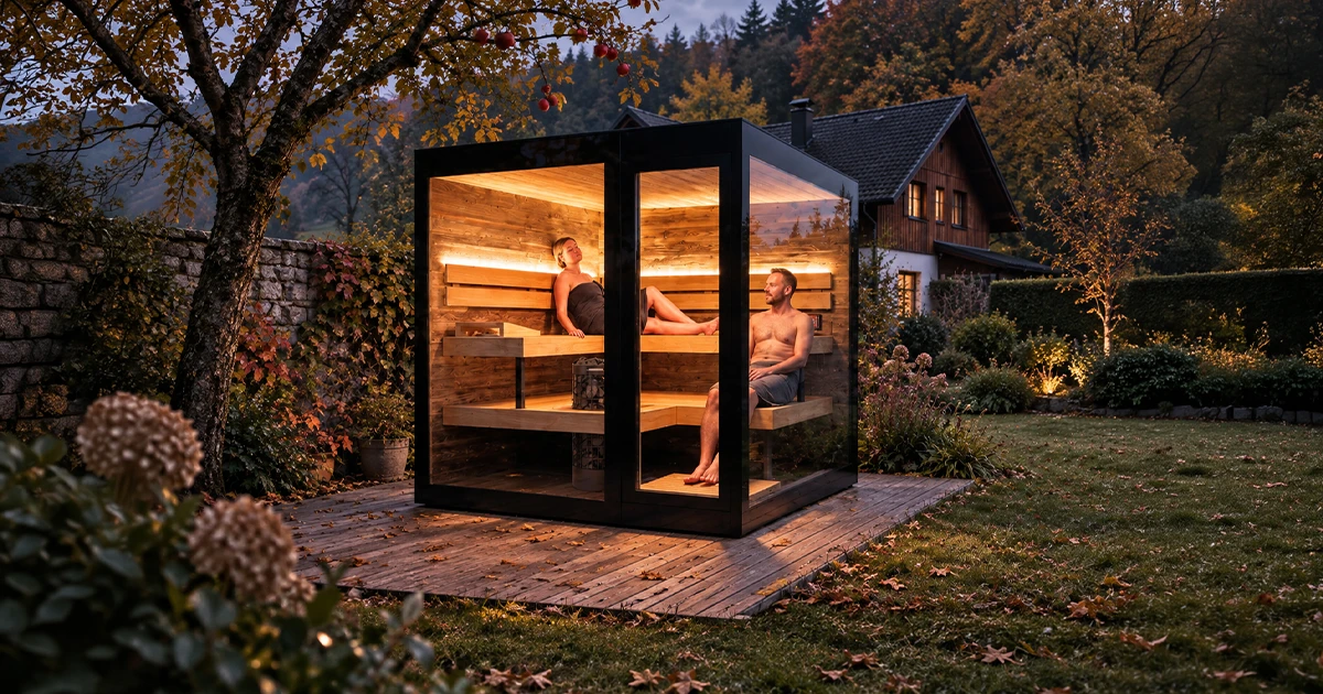 Paar in Gartensaun zu später Stunde in herbstlichen Garten