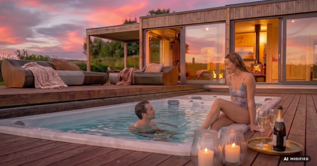 Paar entspannt im Swim Spa vor einem modernen Gartenhaus in gemütlicher Abendstimmung