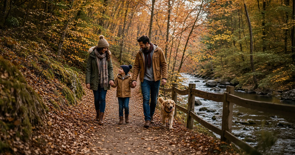 Familie mit Hund bei einem Waldspaziergang